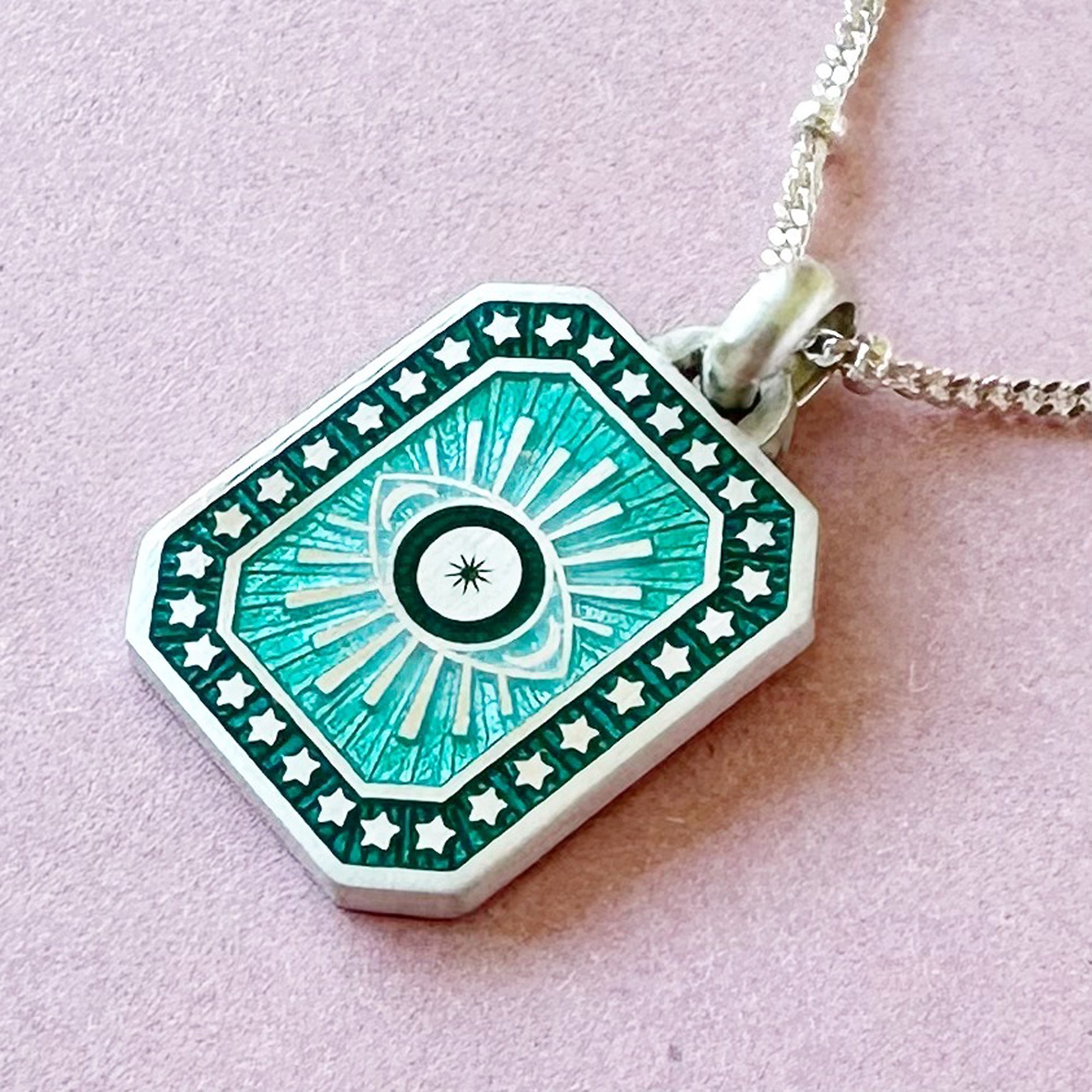 Vitreous Enamel Evil Eye Necklace by Sally Clay Jewellery close up