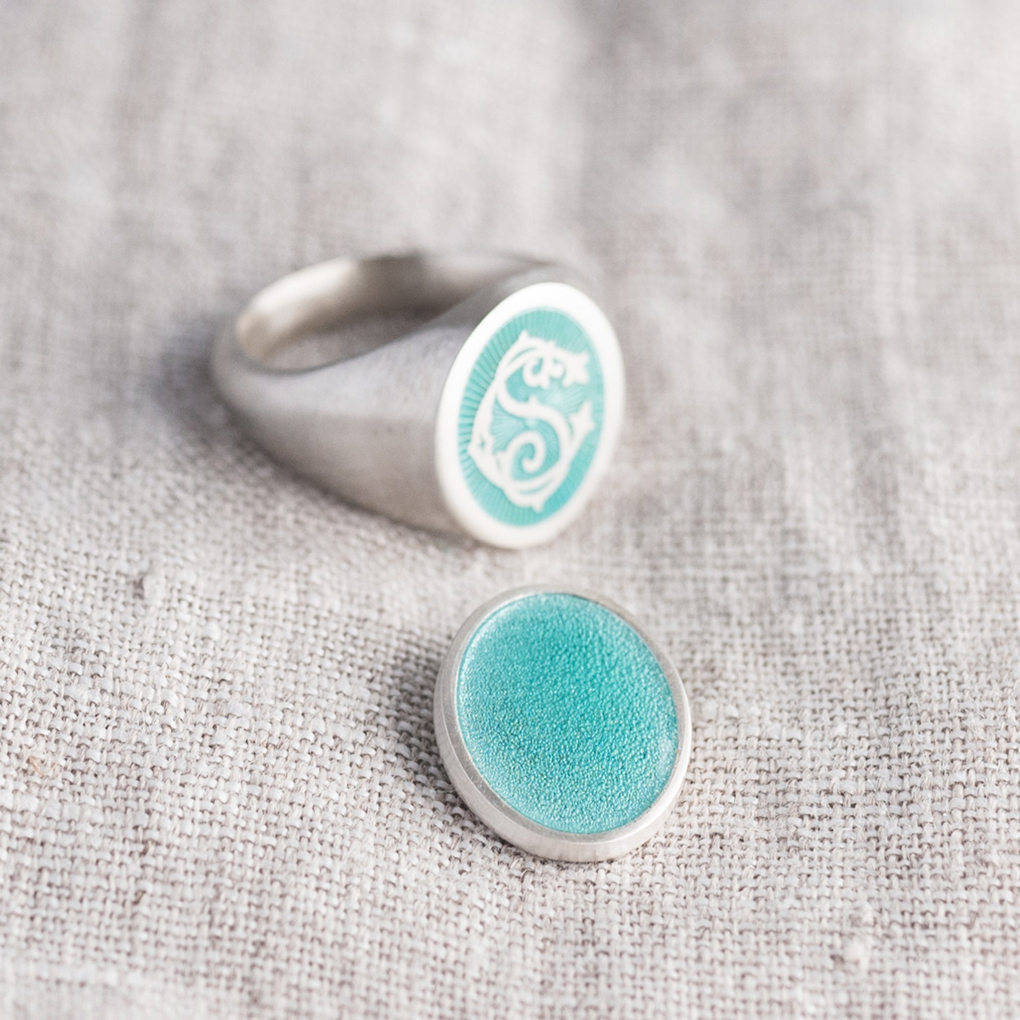 Aquamarine Enamel Entwined Monogram Women's Signet Ring