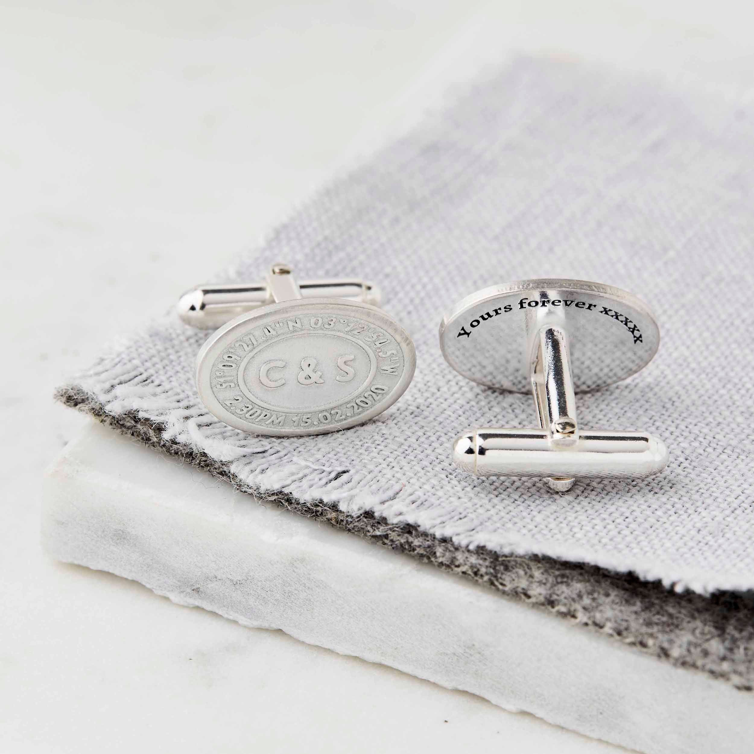 Personalised Oval Coordinate And Initials Silver Cufflinks