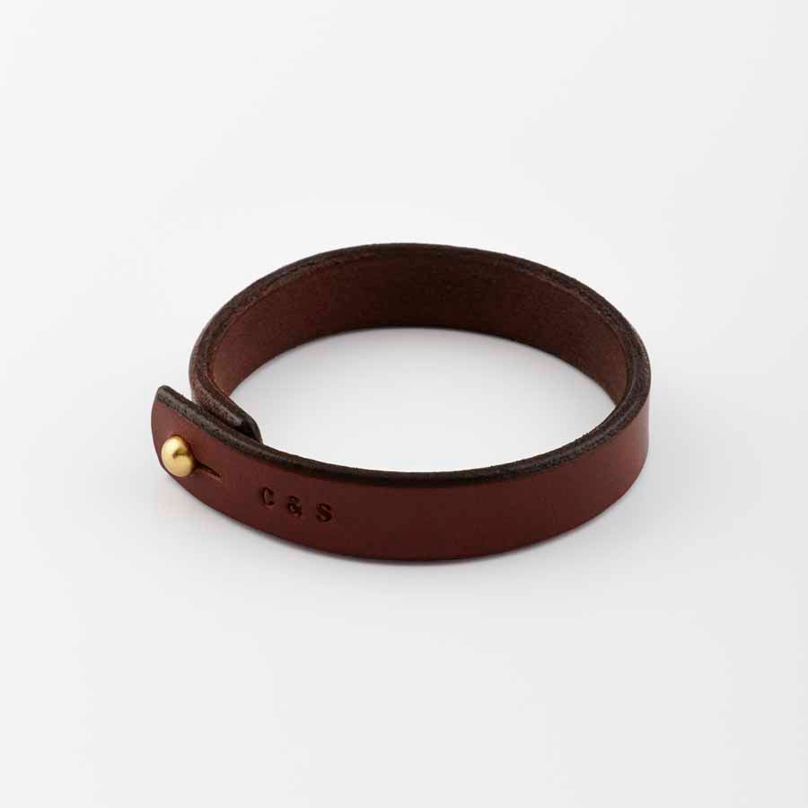 Personalised Stamped Leather Bracelet on white background by Sally Clay Jewellery