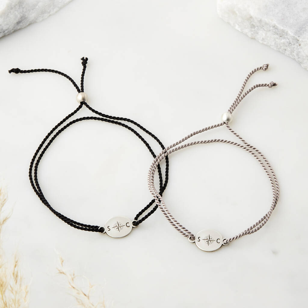 Personalised silver and silk father and child compass bracelet set engraved with initials