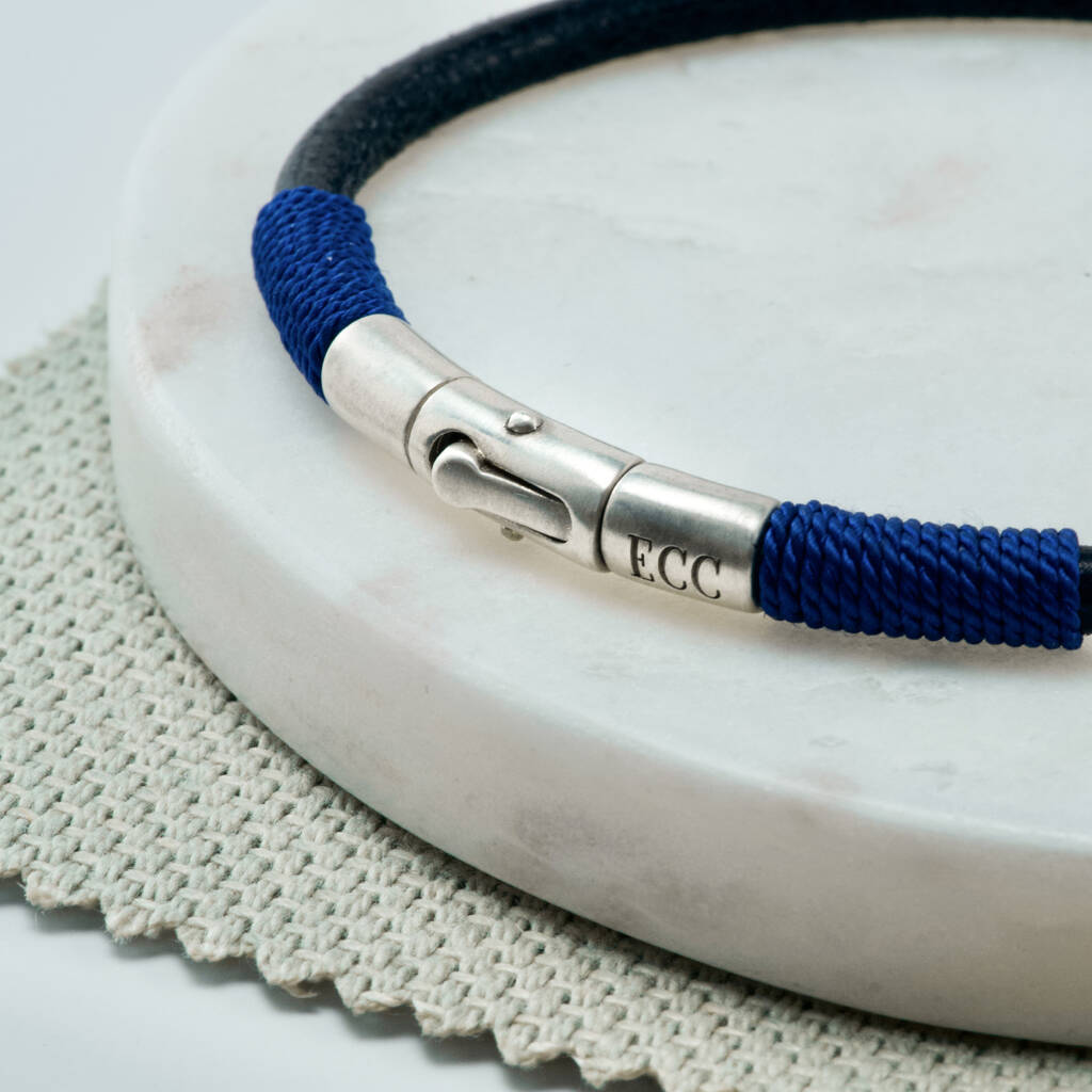 close up personalised leather silk bracelet with sterling silver clasp by Sally Clay Jewellery