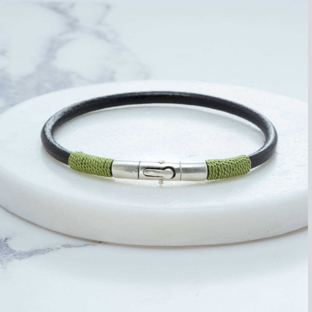 leather and olive silk bracelet with sterling silver clasp by Sally Clay Jewellery