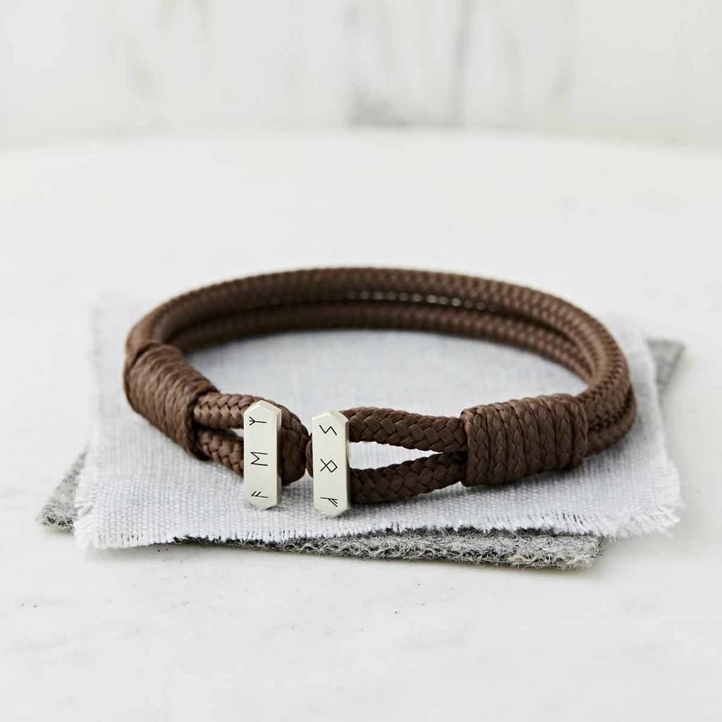 men's personalised sterling silver brown cord bracelet personalised with an ancient symbols by Sally Clay Jewellery