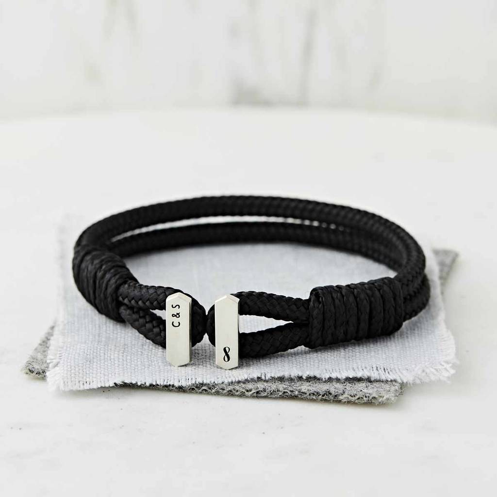 men's personalised sterling silver and black cord bracelet personalised with an infinity sign and initials by Sally Clay Jewellery