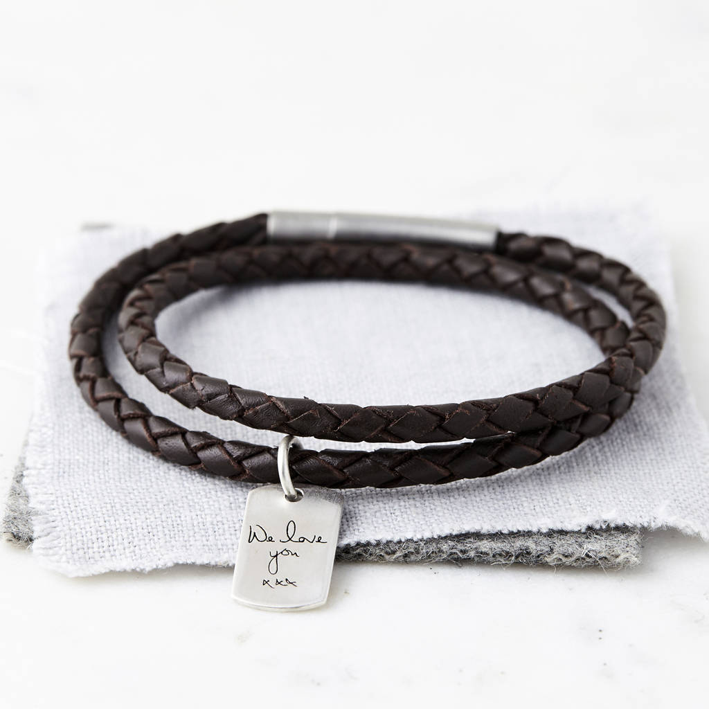 original mens silver and leather handwriting signature bracelet