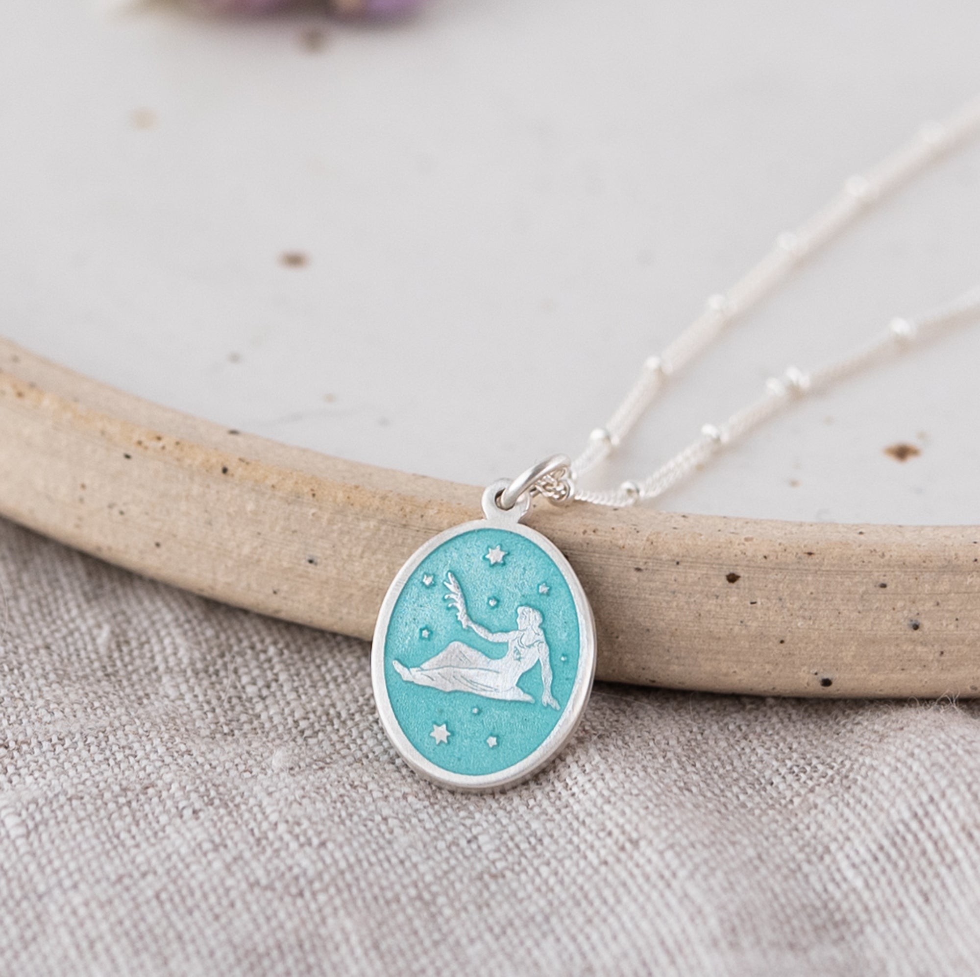 Aquamarine Enamel Zodiac Star Sign Pendant Necklace on Linen