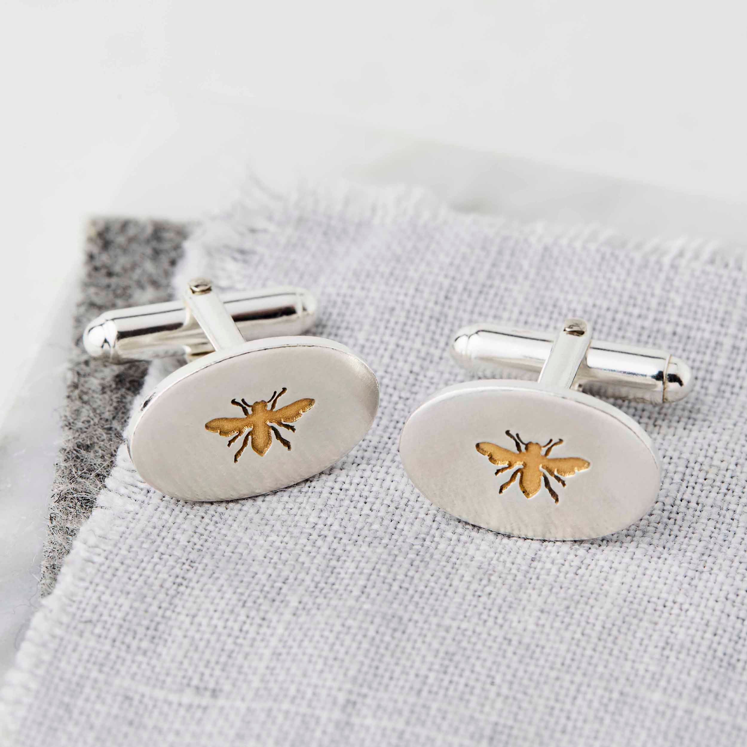 Personalised Oval Sterling Silver And Gold Bee Cufflinks