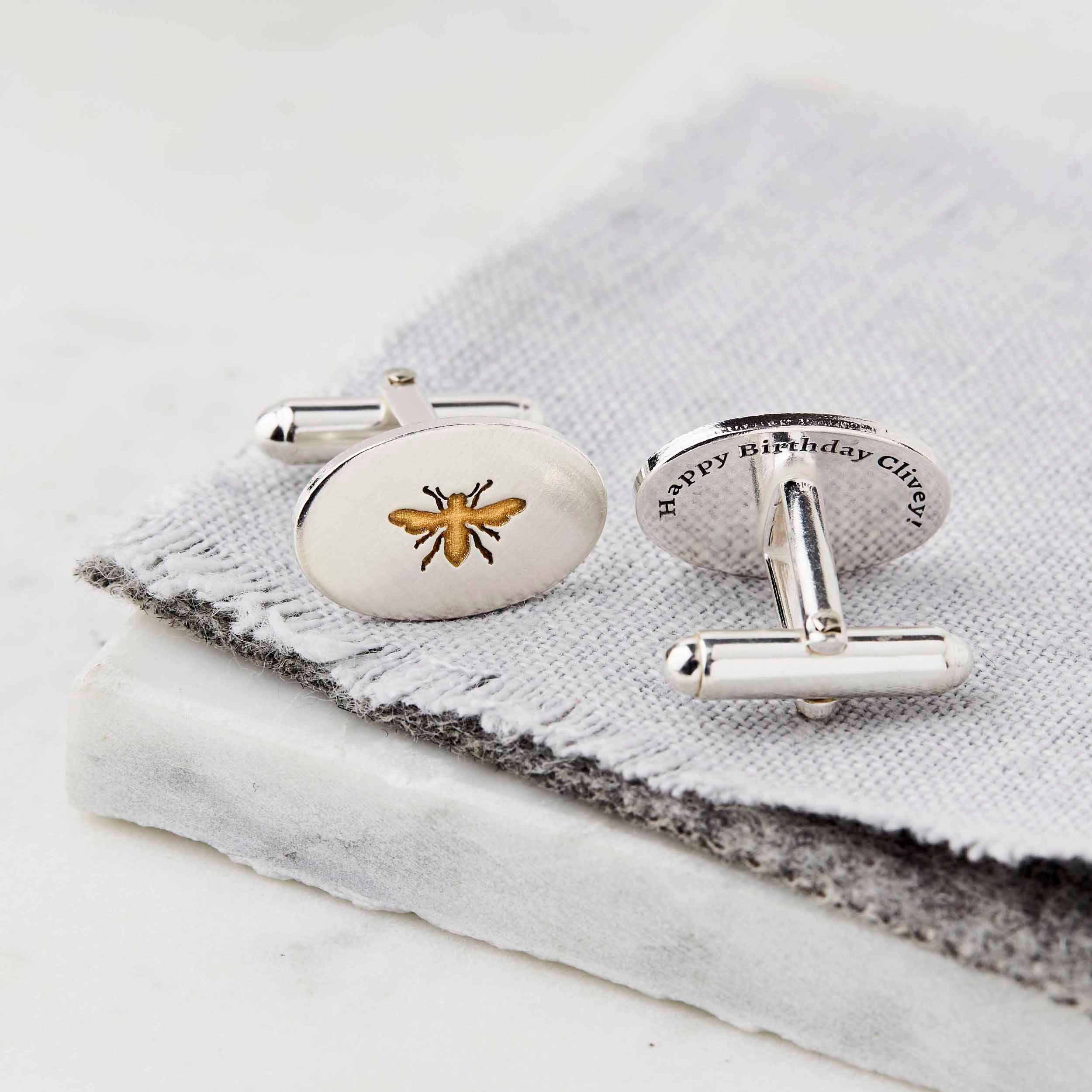 Personalised Oval Sterling Silver And Gold Bee Cufflinks