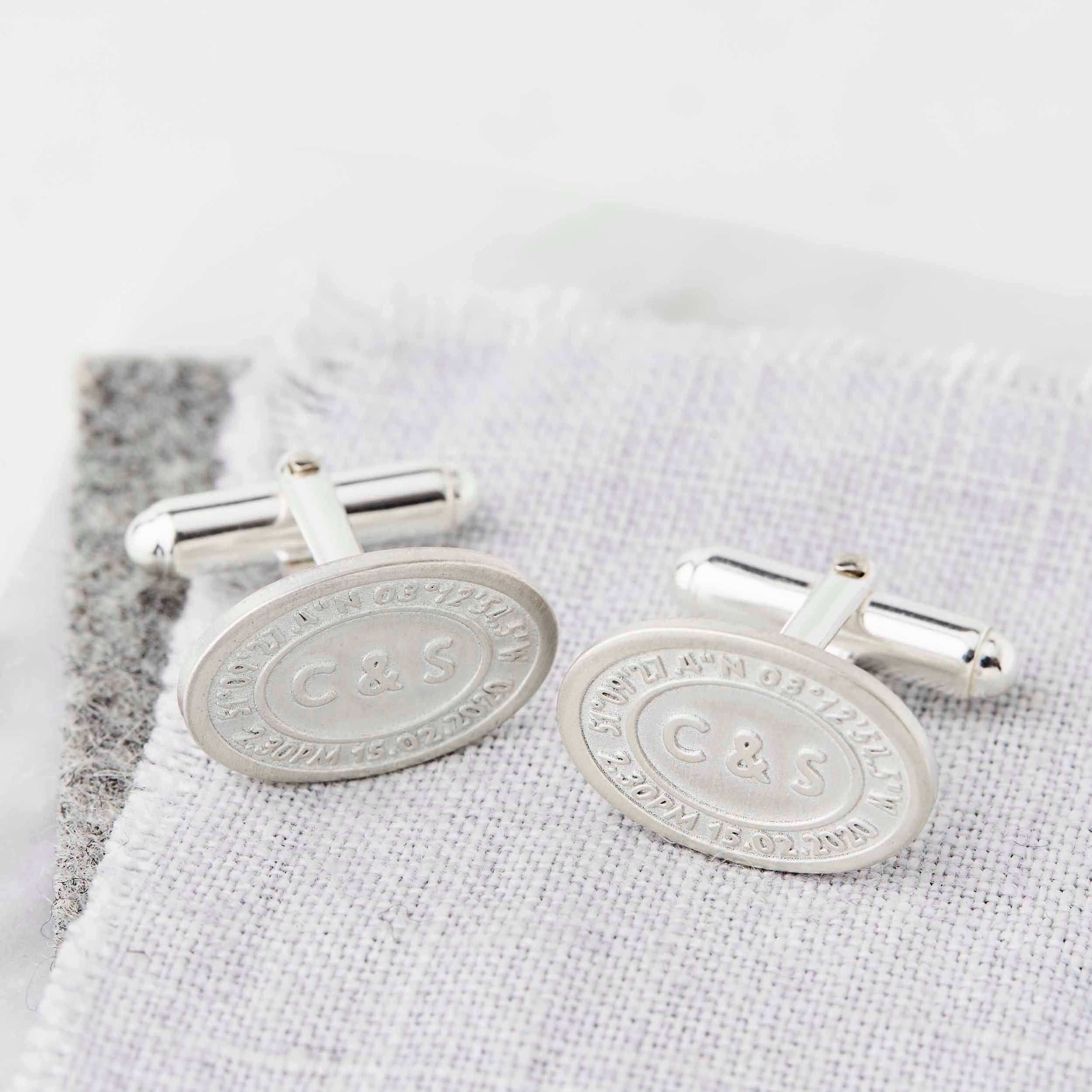 Personalised Oval Coordinate And Initials Silver Cufflinks