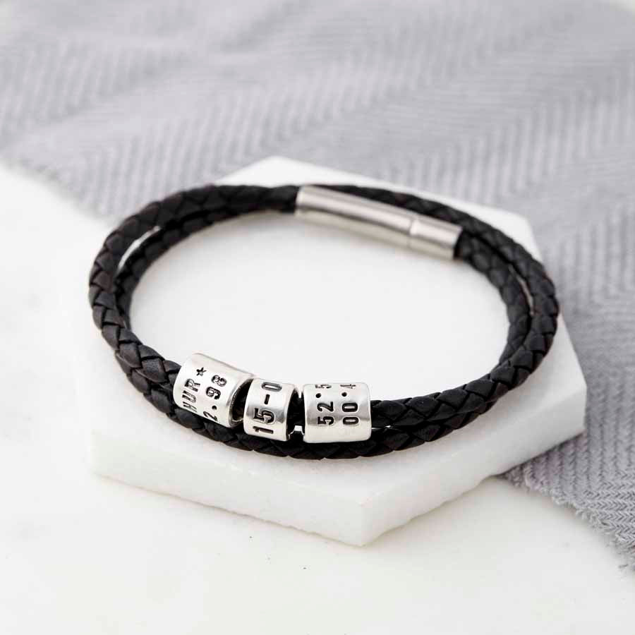 Personalised Silver Bead Leather Wrap Bracelet Black