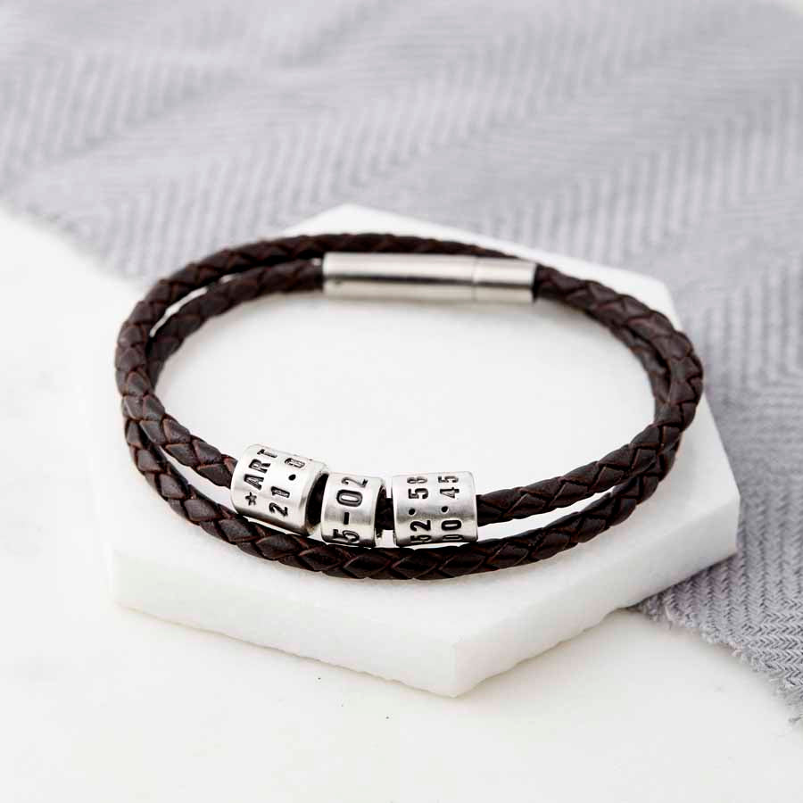 Personalised Silver Bead Leather Wrap Bracelet Brown