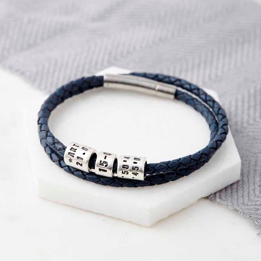 Personalised Silver Bead Leather Wrap Bracelet Grey