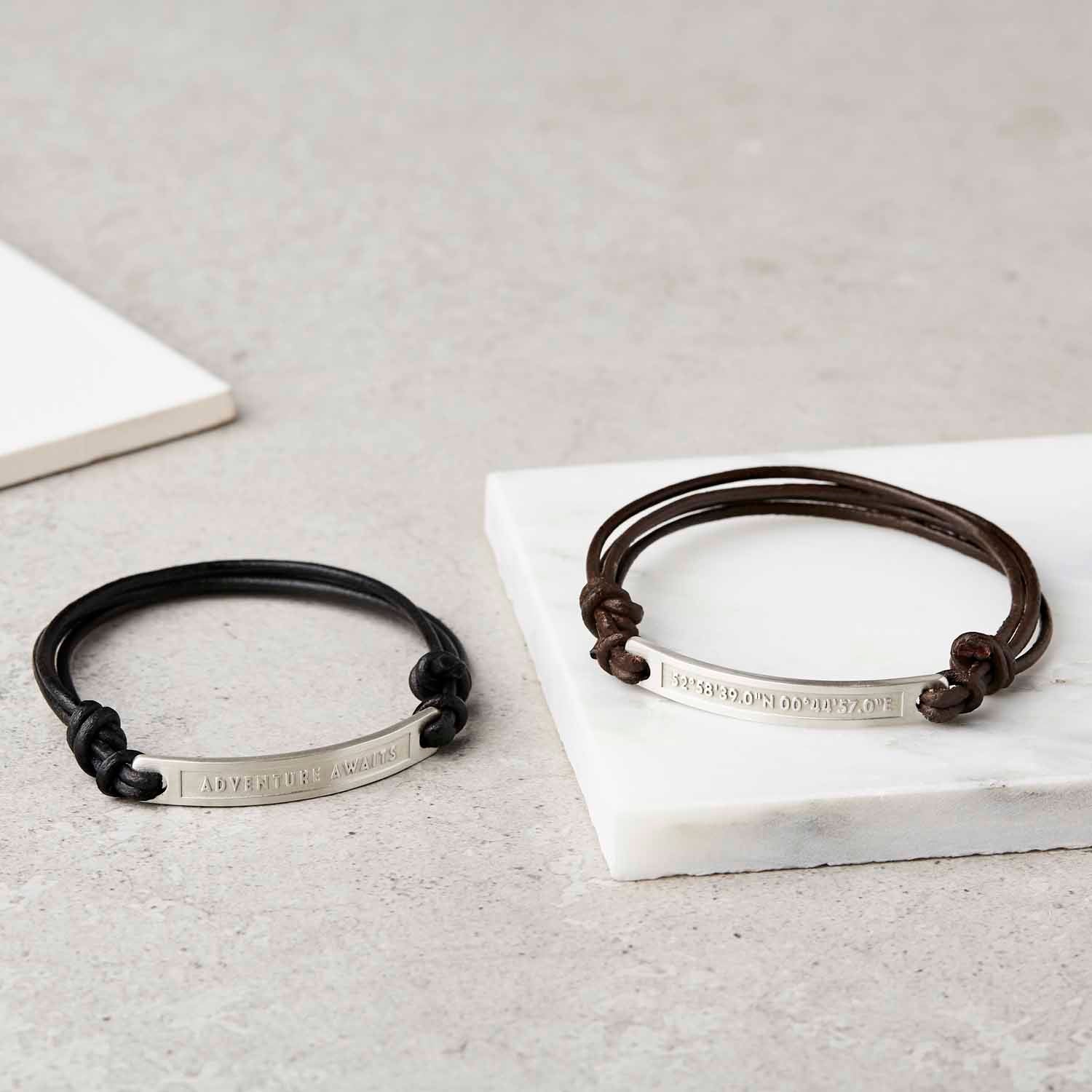 2 Personalised Silver and Leather Bracelets 