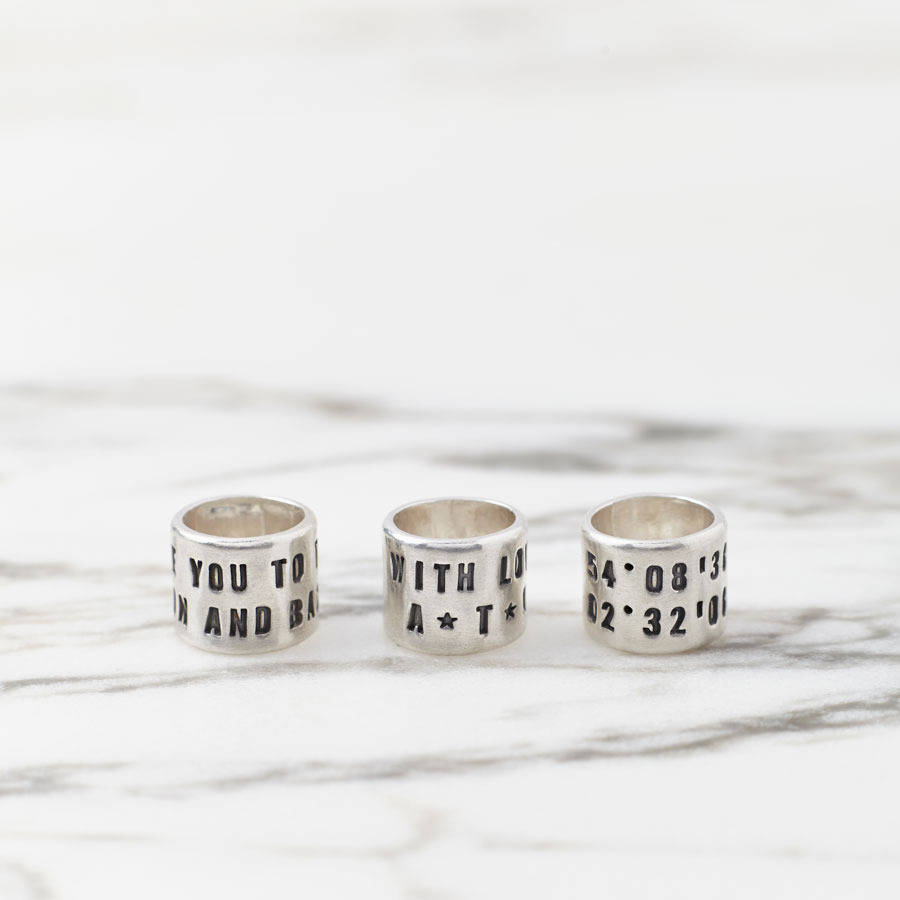 Personalised Storyteller Silver Links beads stamped with custom words by Sally Clay