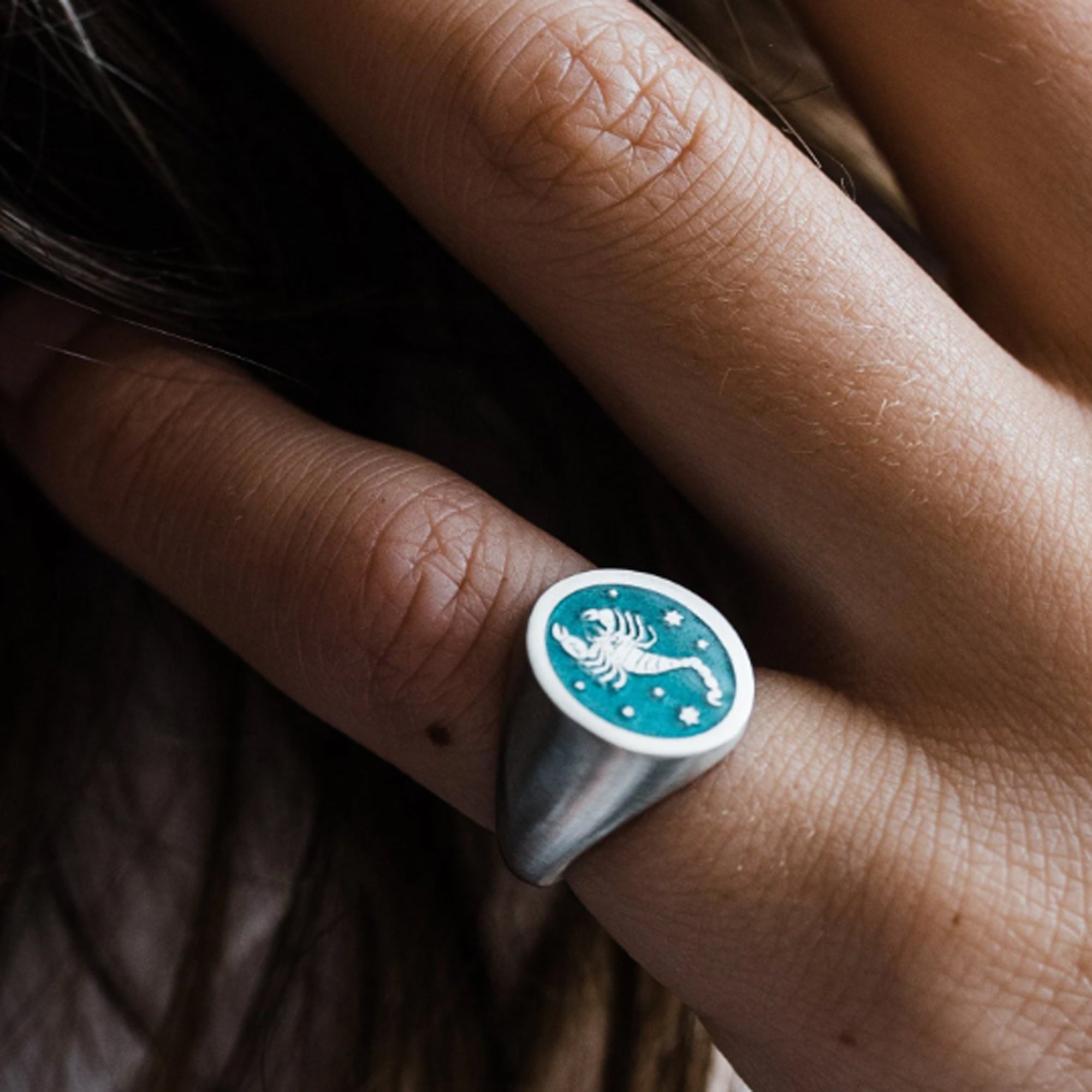 Sterling Silver and Enamel Star Sign Signet Ring.