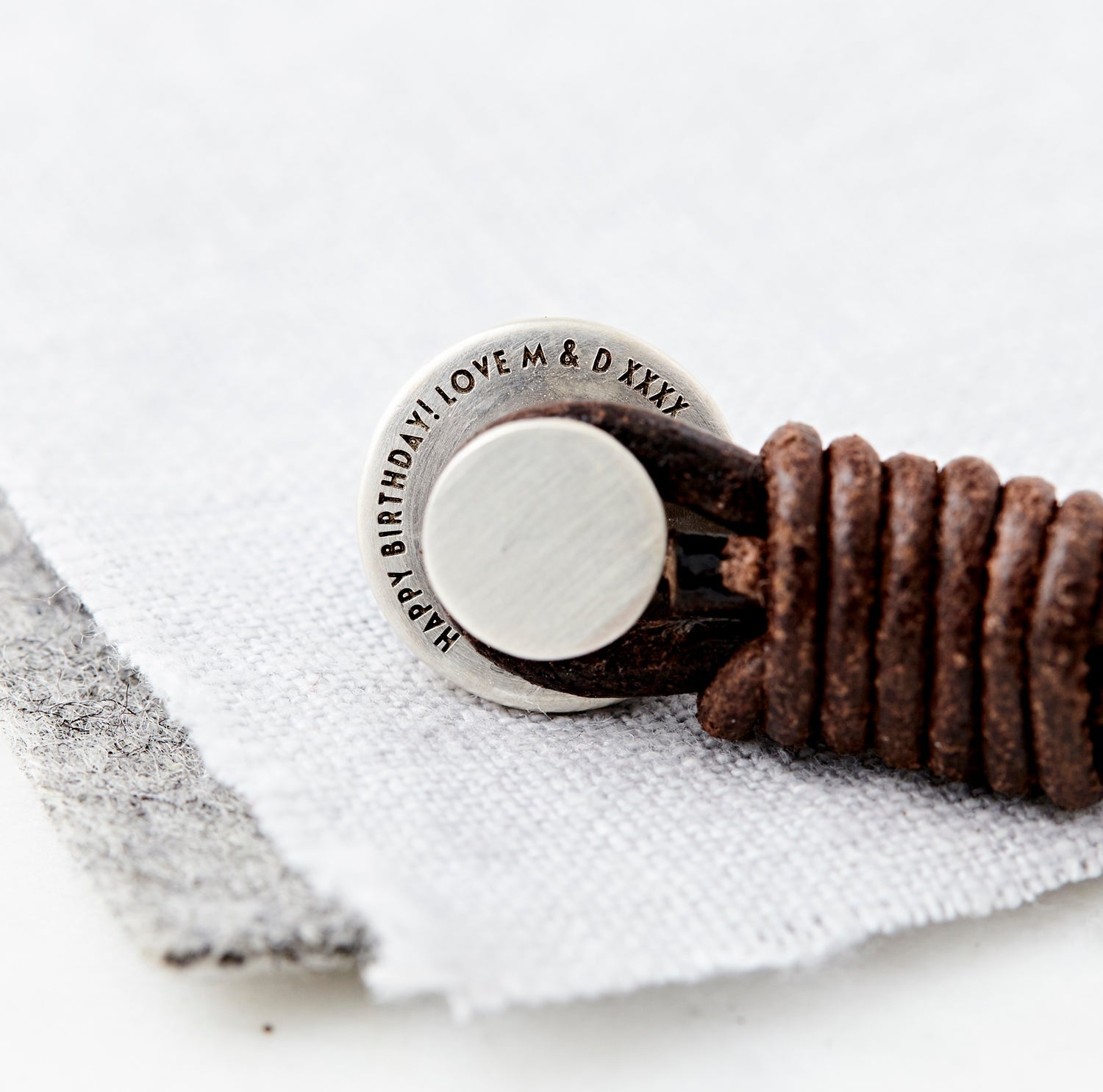 Silver and Leather Stud Bracelet "Happy birthday Love Mum"