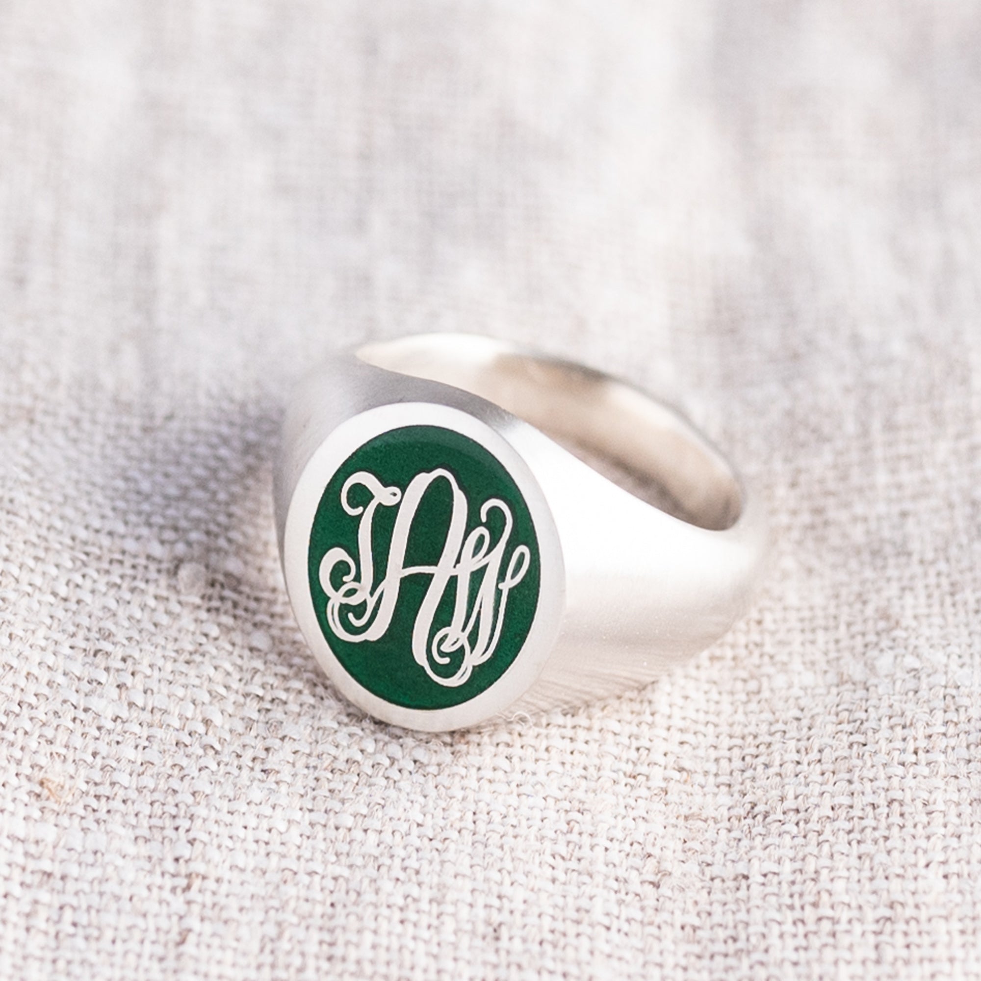 Three Initial Monogram Enamel Signet ring on linen