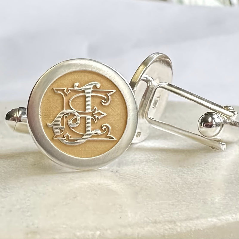 Wedding logo custom cufflinks made from sterling silver with gold highlighting by Sally Clay Jewellery