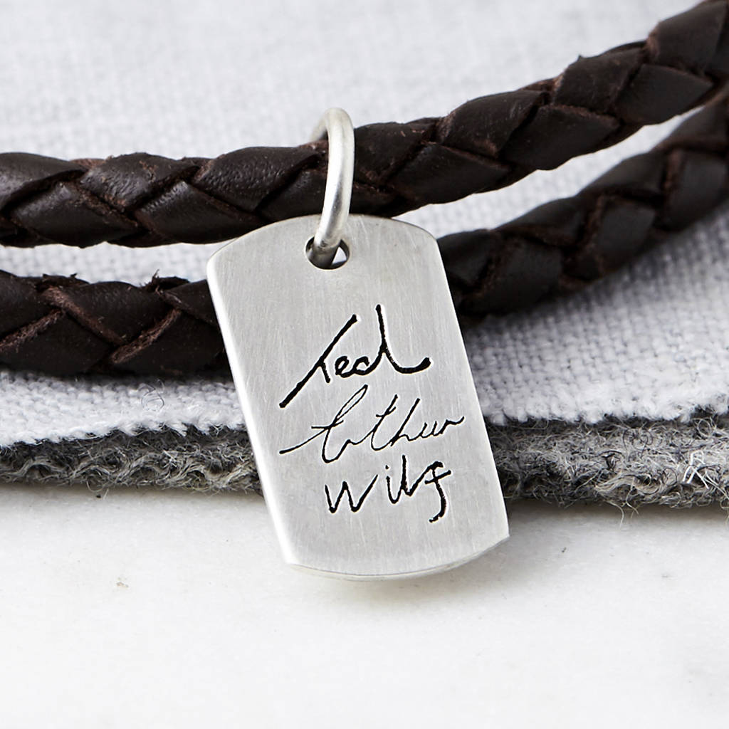 original mens silver and leather handwriting signature bracelet 