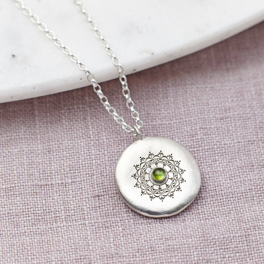 Personalised silver and peridot mandala necklace