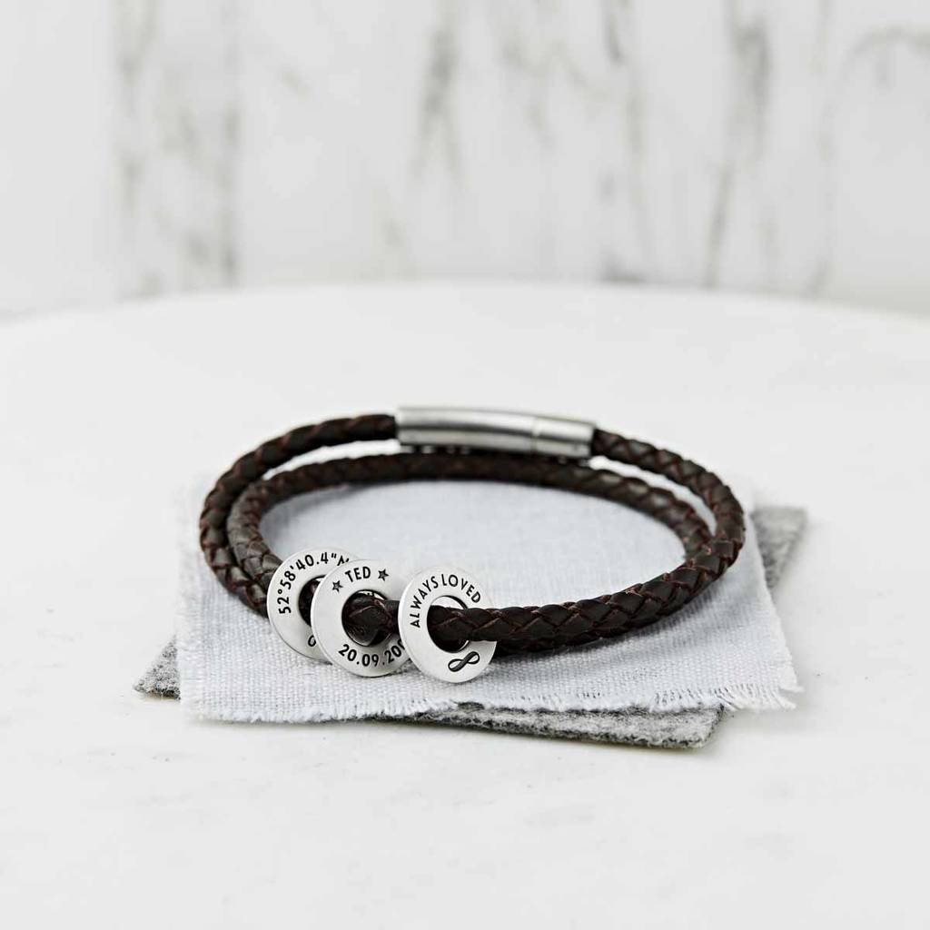 Personalised sterling silver and leather wrap bracelet 