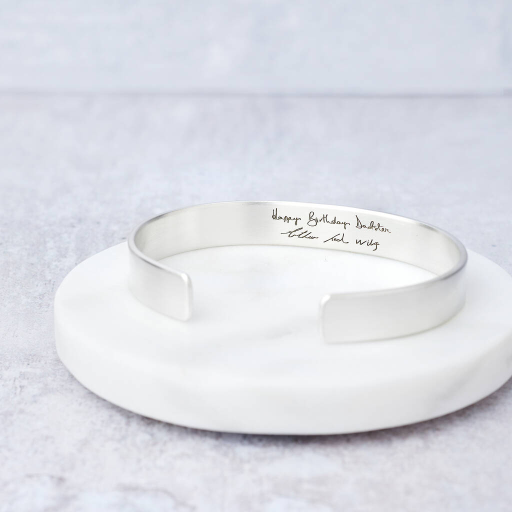 personalised wide silver handwritten message bangle 