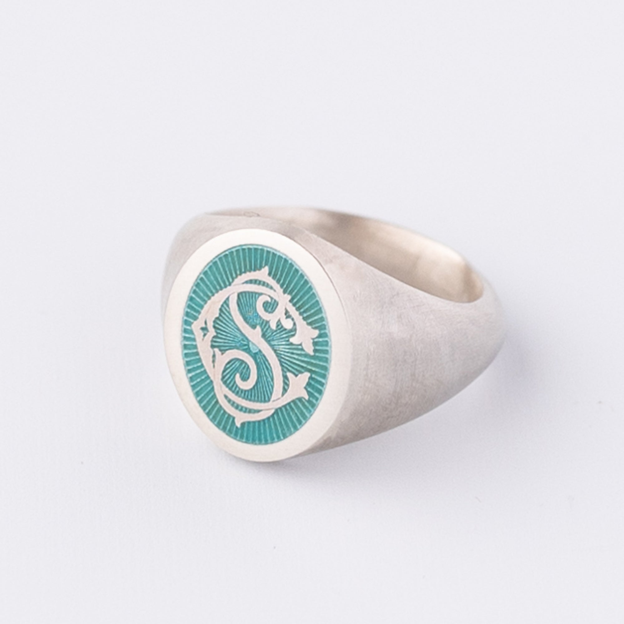 Silver Ring with Engraved monogram on enamel