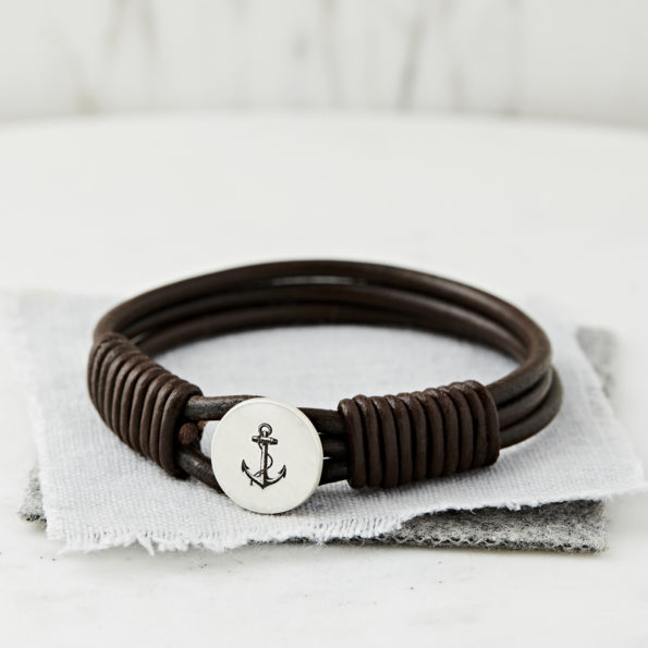 Silver and Leather Bracelet with an Anchor Design