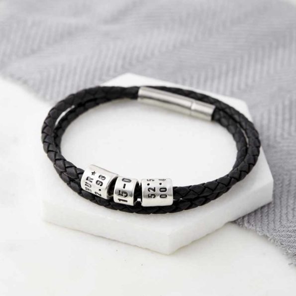 Personalised Silver Bead Leather Wrap Bracelet Black