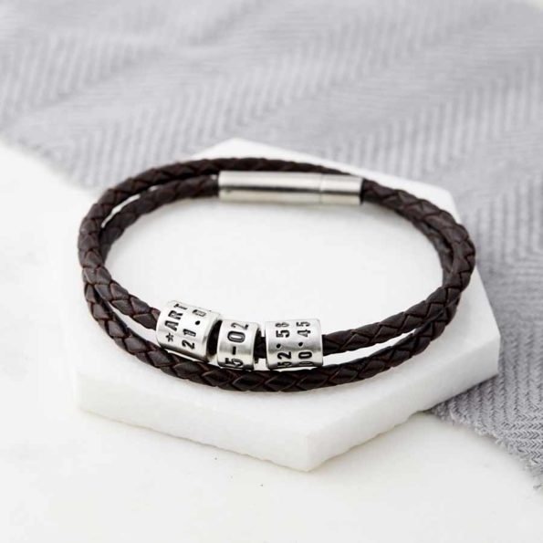 Personalised Silver Bead Leather Wrap Bracelet Brown