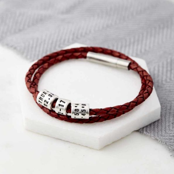Personalised Silver Bead Leather Wrap Bracelet Red