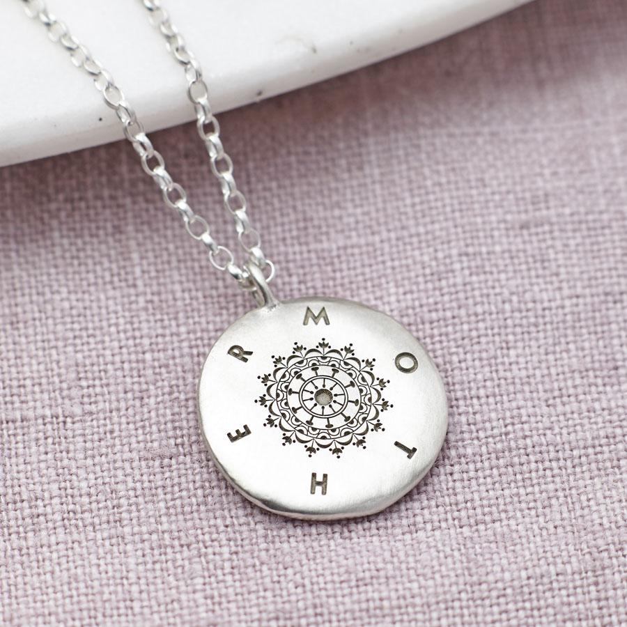 Necklace, Sterling Silver. Mandala Design surrounded by the word Mother