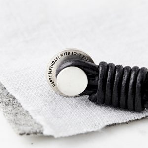 Silver and Leather Stud Bracelet "Happy birthday"