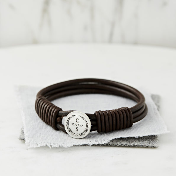 Silver and Leather Wedding Crest Bracelet