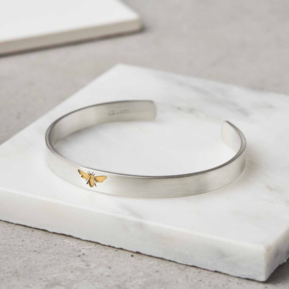 Solid Silver Bangle with gold engraved bee