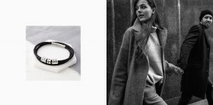 Silver and Leather Bracelet and Man and woman walking