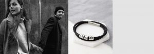 Silver and Leather Bracelet and Man and woman walking