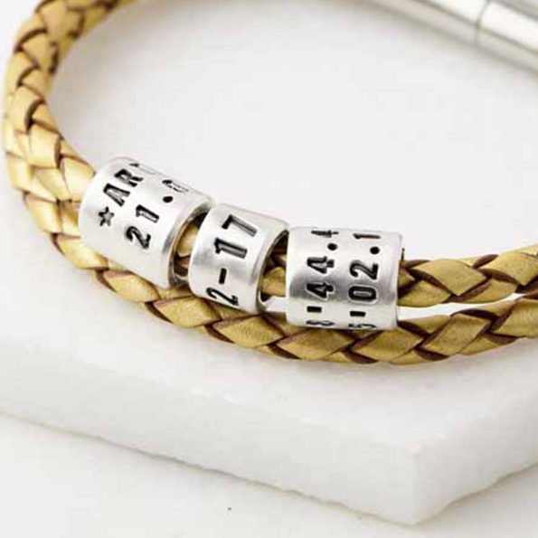 Personalised Silver Bead Leather Wrap Bracelet Gold