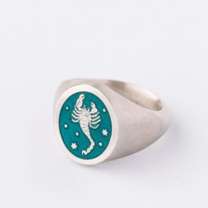 Sterling Silver and Enamel Zodiac Star Sign Signet Ring on white