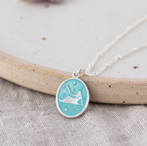 Aquamarine Enamel Zodiac Star Sign Pendant Necklace on Linen