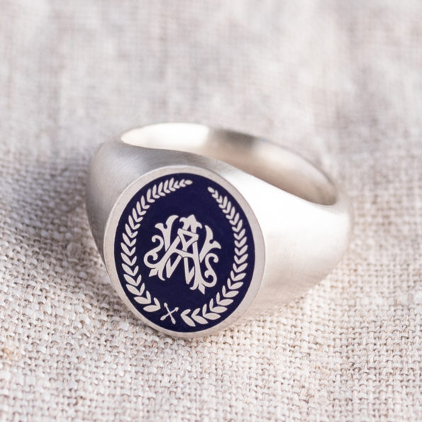 Entwined Monogram and Wreath Enamel Signet ring on linen