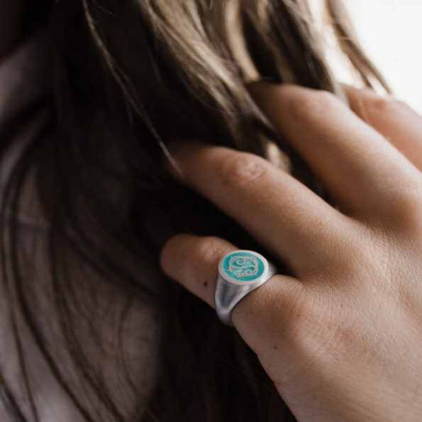 Aquamarine Enamel Entwined Monogram Women's Signet Ring on hand