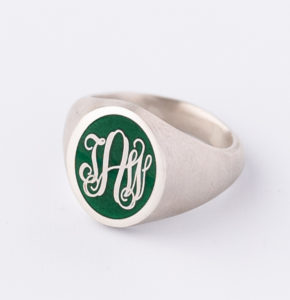 Silver Signet Ring with Enamelled front on Linen