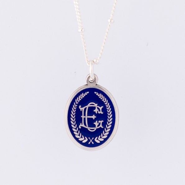 Silver Pendant Necklace with Entwined Monogram Initials on Blue Enamel
