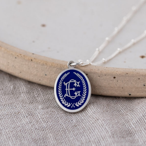 Solid Silver Pendant Necklace with Entwined Monogram on Blue Enamel
